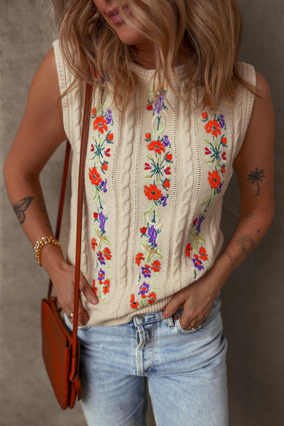 Cozy Women's Floral Embroidered Cable Knit Sweater Vest in Jet Stream - Ideal for Layering and Fall Styles