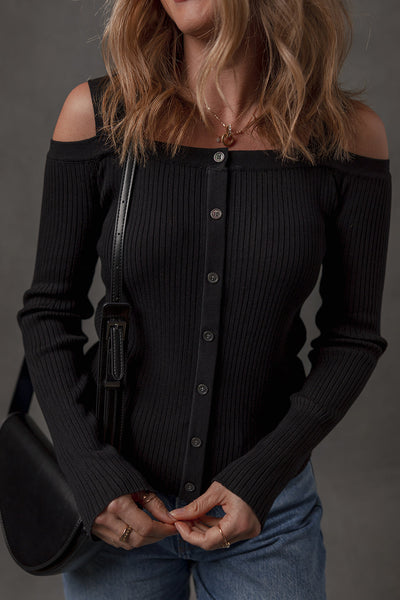 Chic Black Ribbed Knit Cold Shoulder Sweater with Button Front for Trendy Women‚Äôs Fashion
