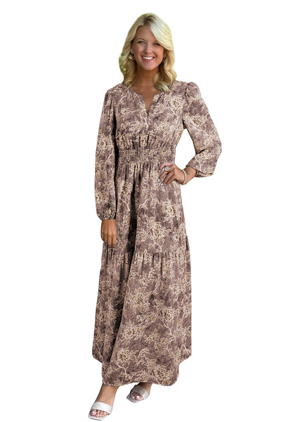 Women's Vintage Floral Smocked Maxi Dress in Cocoa and Cream with practical styling and dependable silhouette control.