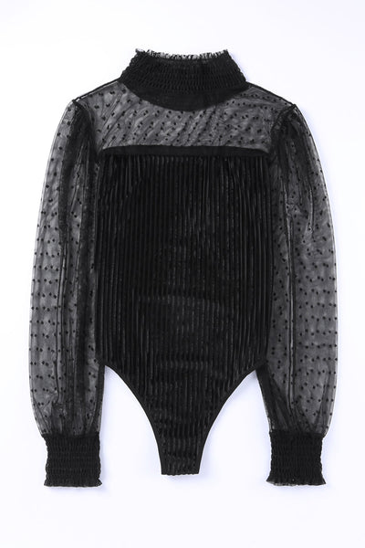 Chic Women's Black Sheer Velvet Bodysuit with Dot Texture and Long Sleeves for Stylish Evening Outfits
