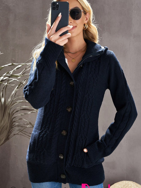 Navy Blue Cable Knit Faux Fur-Lined Hooded Sweater Coat