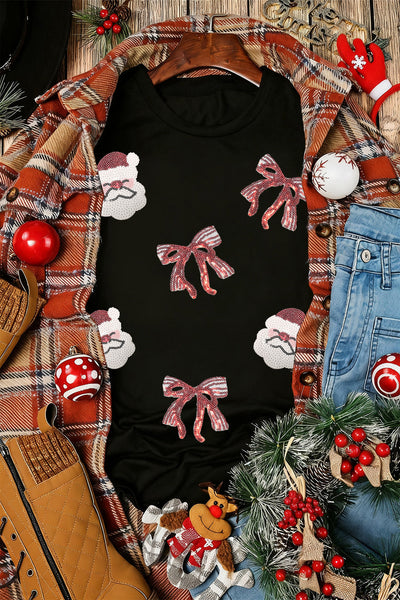 Women's Sequined Santa and Bow Festive Cotton-Blend T-Shirt with practical styling and dependable silhouette control.