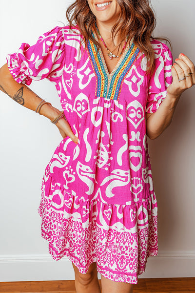 Women's Rose Boho Flared V-Neck Midi Dress with Contrast Trim