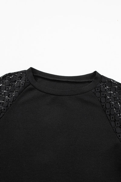 Elegant Women's Black Lace Long Sleeve Pullover - Textured Knit Top with Stylish Detailing & Cozy Comfort