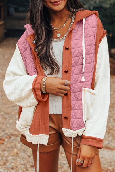 women's coral quilted hooded jacket - textured patchwork design, loose fit, easy and wearable outerwear made for easy styling and wardrobe with