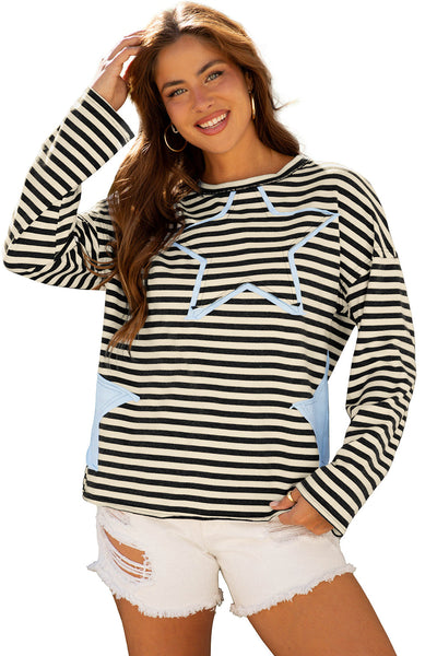 Women's Effortless Style Black Striped Knit Top with Starry Patch, Drop Shoulder & Raw Edge for Casual Chic Looks