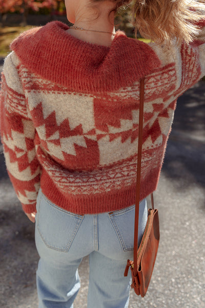 Cozy Mineral Red Women's Fuzzy Western Sweater with Geometric Design and Zipped Collar for Effortless Style
