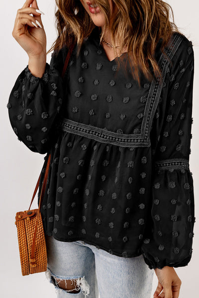 Women's Swiss Dot V-Neck Babydoll Blouse with Crochet Lace