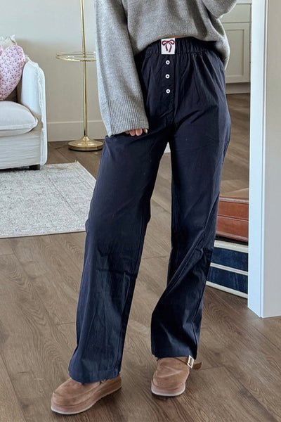 Stylish Women's Black Bow Tie Loose-Fit Pants with Elastic Waist and Button Accents for Ultimate Comfort and Versatility