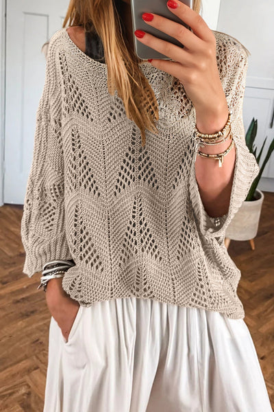 Women's Relaxed Fit Crochet Sweater in Soft Beige - Trendy Hollow Out Knit Top for Spring and Summer Fashion
