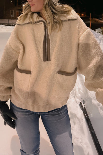 Cozy Beige Women's Fleece Half-Zip Sweatshirt with Pockets - Casual Style for Everyday Comfort and Warmth