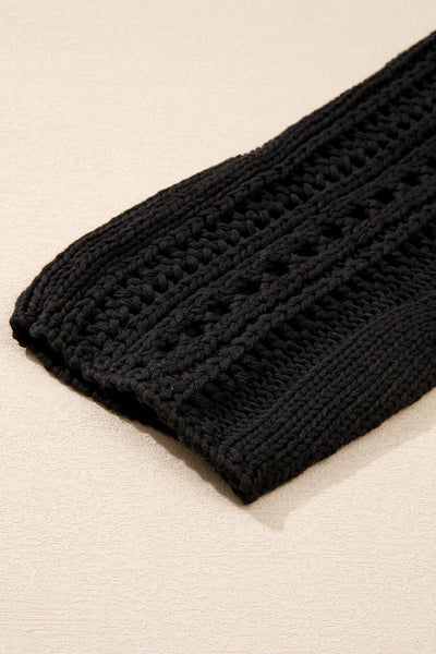 Chic Women's Black Cropped Hollow-Out Cable Knit Sweater - Lightweight Fall & Winter Fashion Essential