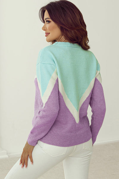 Women's Green Chevron Colorblock Ribbed Knit Sweater with Drop Shoulders - Cozy, Stylish, Perfect for Casual Outfits