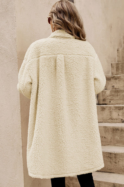 Cozy Women's Beige Teddy Coat with Contrast Flap Pockets, Stylish Single Breasted Outerwear for Cold Weather