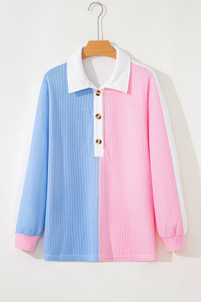 Women's Cozy Multicolor Color Block Waffle Knit Long Sleeve Top with Button Neck - Perfect for Casual Everyday Style