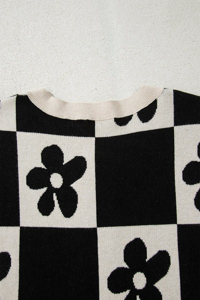 Women's Floral Checkerboard Henley Sweater in Soft Viscose Blend