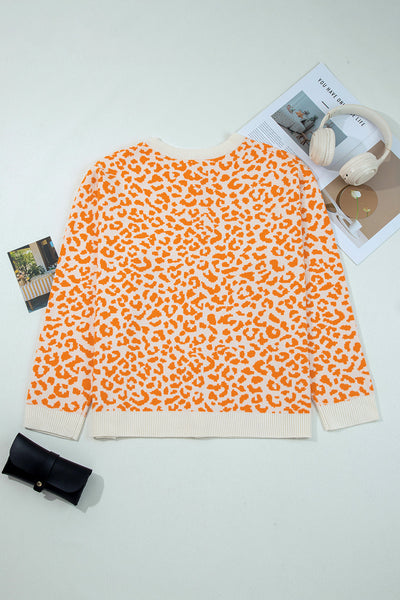 Cozy Women's Orange Leopard Print Chunky Knit Cardigan Sweater with Drop Shoulders for Stylish Fall Layering