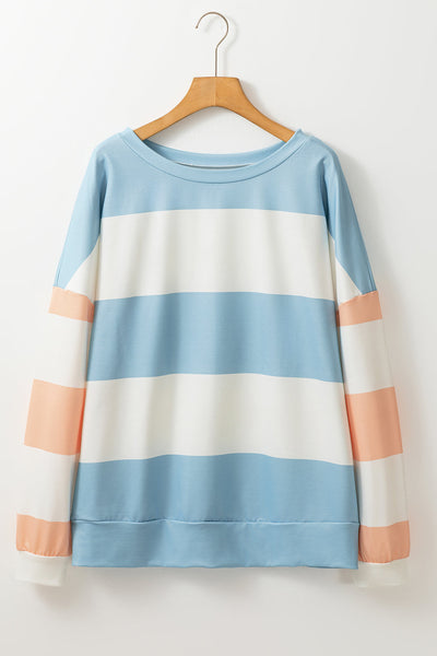 Women‚Äôs Casual Light Blue Colorblock Striped Long Sleeve Drop Shoulder Top - Effortless Chic for Everyday Style