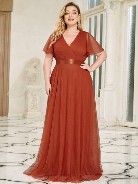 V-Neck Floor-Length Short Sleeve Tulle Bridesmaid Dresses