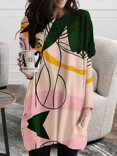 Women's Abstract Face Print Long Sleeve Pocket Dress