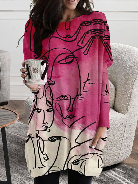 Women's Abstract Face Print Long Sleeve Pocket Dress