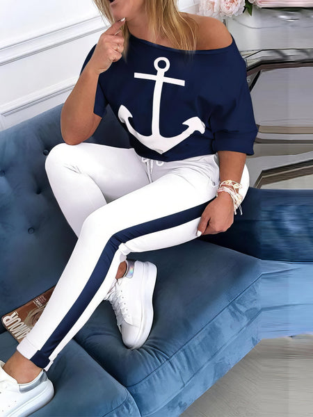 Women's Nautical Anchor Print V-Neck Lounge Set & Slim Trousers