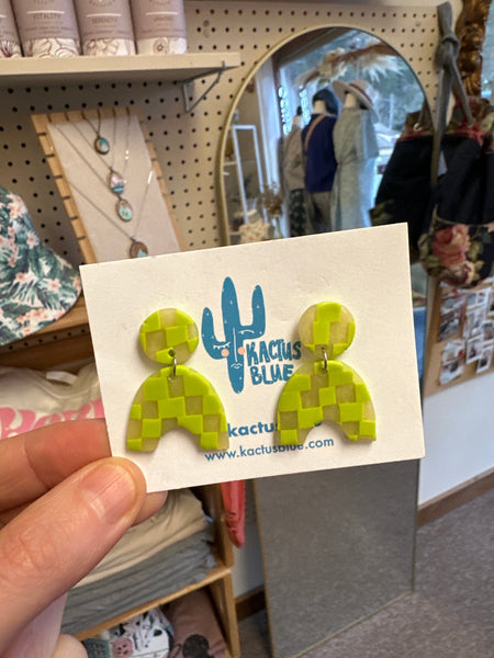 Kactus Blue Checkered Lime Green Clay  Earrings