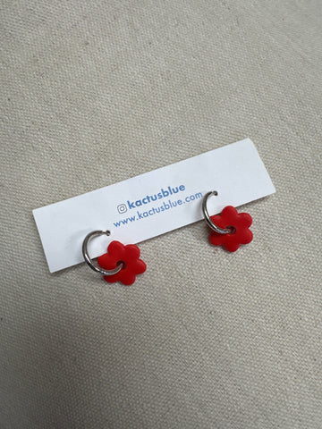 Kactus Blue Red Flower Handmade Clay Earrings