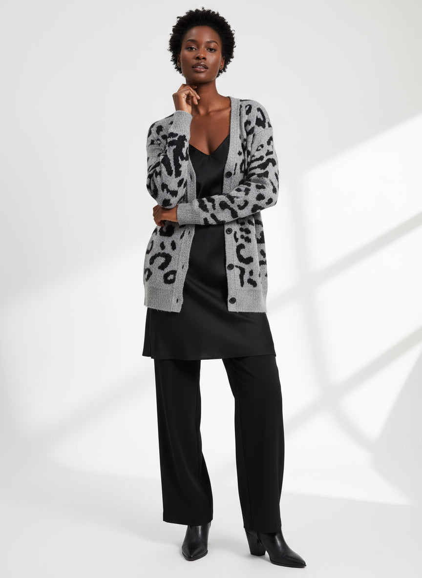 Grey Leopard Print Knit Cardigan