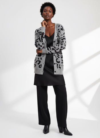 Grey Leopard Print Knit Cardigan