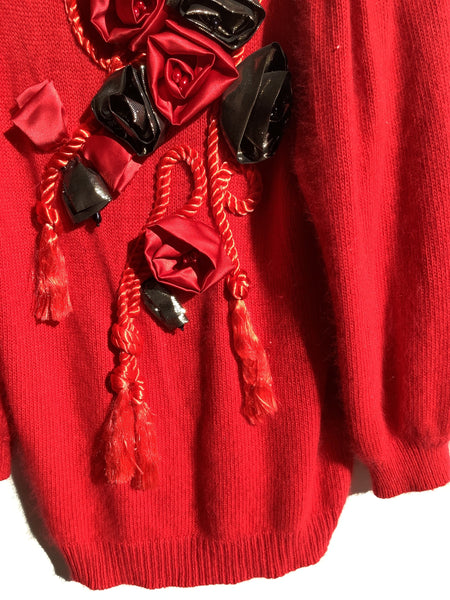 Cross Roads Red Angora Sweater w/ Satin Rose Detail