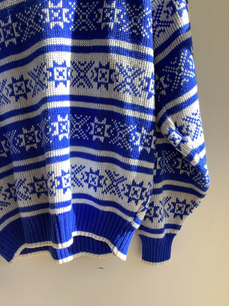 Vintage 80s Blue & White Fair Isle Knit Sweater