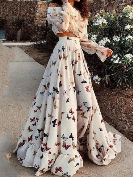 Women's Butterfly Print Chiffon Two-Piece Maxi Set
