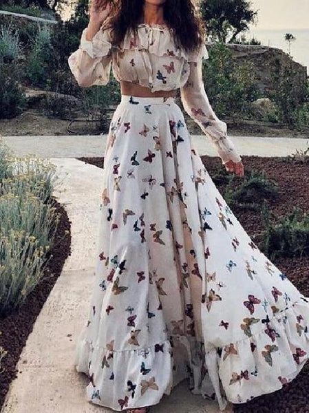 Women's Butterfly Print Chiffon Two-Piece Maxi Set