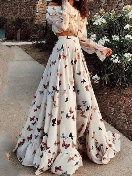 Women's Butterfly Print Chiffon Two-Piece Maxi Set