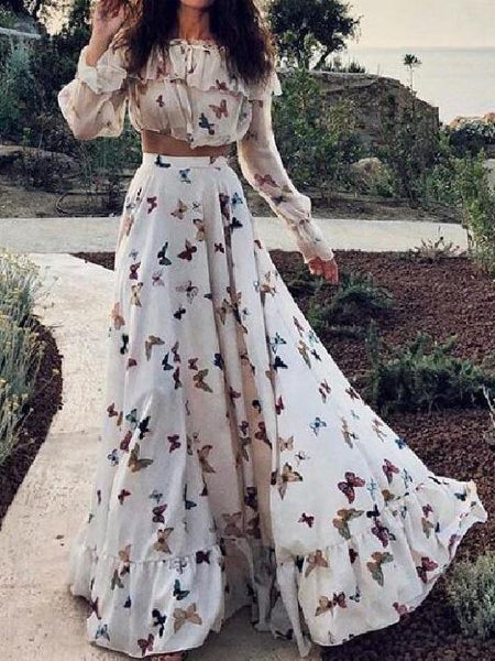 Women's Butterfly Print Chiffon Two-Piece Maxi Set