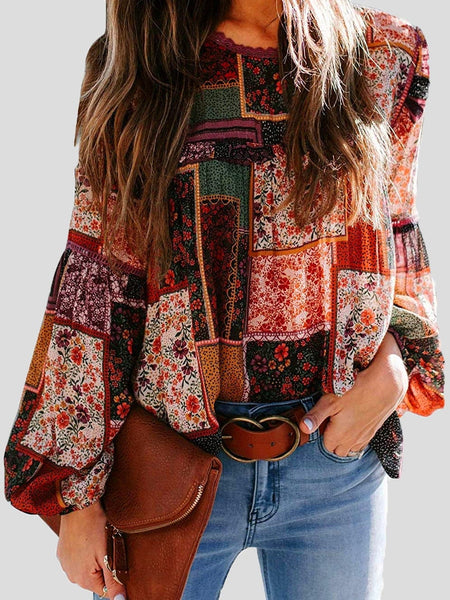 Bohemian Printed Bubble Long Sleeve Blouse