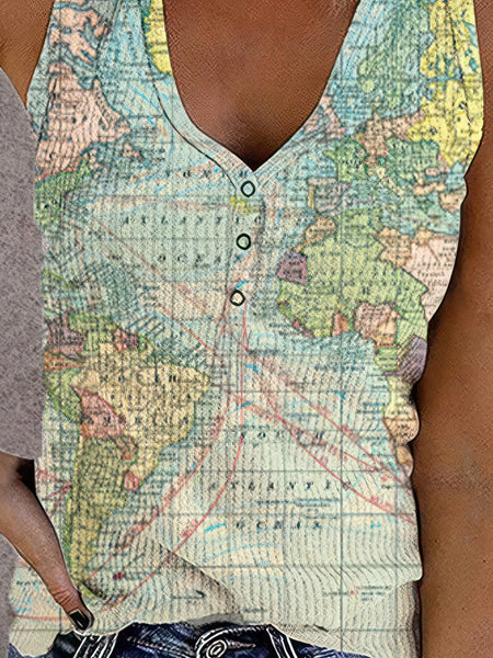 Button Map Print V-neck Tank Top - Bare - Off-Shoulder - Scoop - U-Shape