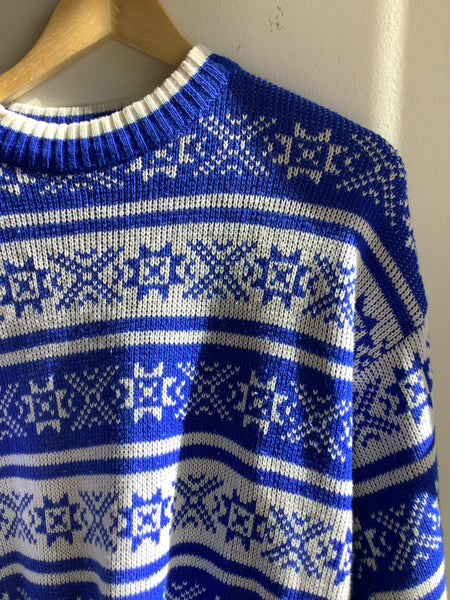 Vintage 80s Blue & White Fair Isle Knit Sweater