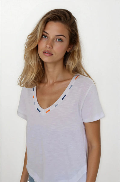EMBROIDERED AVA - V-Neck Mock Layer T-Shirt