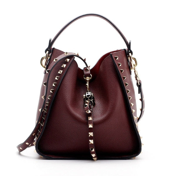 Genuine Leather Stud Bucket Bag