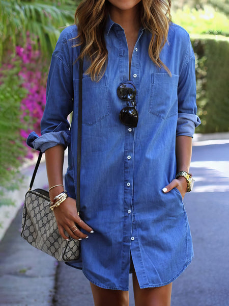 Women's Relaxed Cotton-Blend Denim Button-Down Shirt Dress