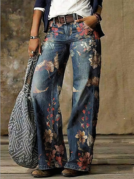 Women's High-Rise Floral Embroidered Wide-Leg Denim Jeans