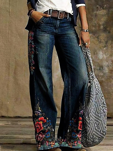 Women's High-Rise Floral Embroidered Wide-Leg Denim Jeans