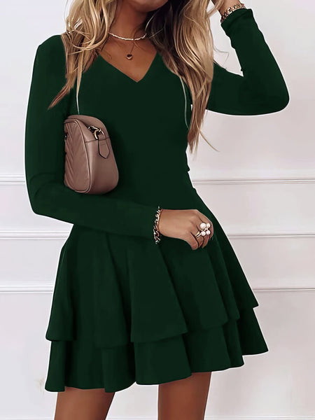 Women's Casual V-Neck Long Sleeve Commuter Dress