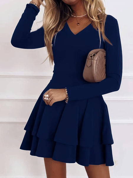 Women's Casual V-Neck Long Sleeve Commuter Dress