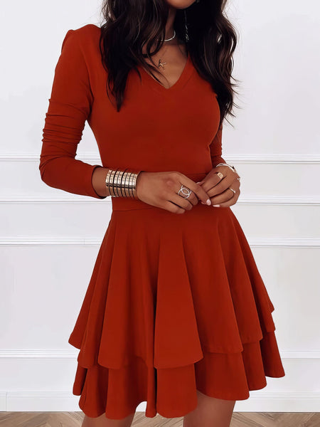 Women's Casual V-Neck Long Sleeve Commuter Dress