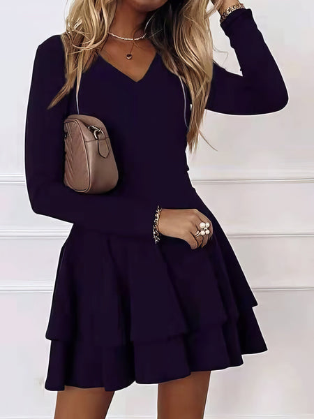 Women's Casual V-Neck Long Sleeve Commuter Dress