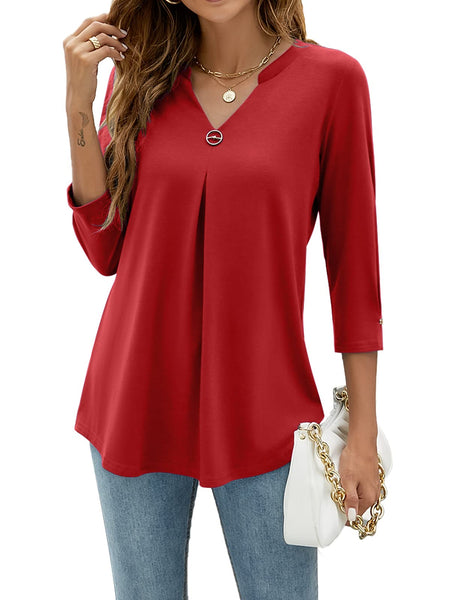 Casual V-Neck Loose Fit Blouse with Mid-Length Sleeves