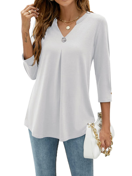Casual V-Neck Loose Fit Blouse with Mid-Length Sleeves